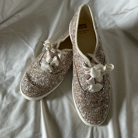 KATE SPADE KEDS Rose Gold Glitter Sneakers with Ribbon Laces - Picture 1 of 8